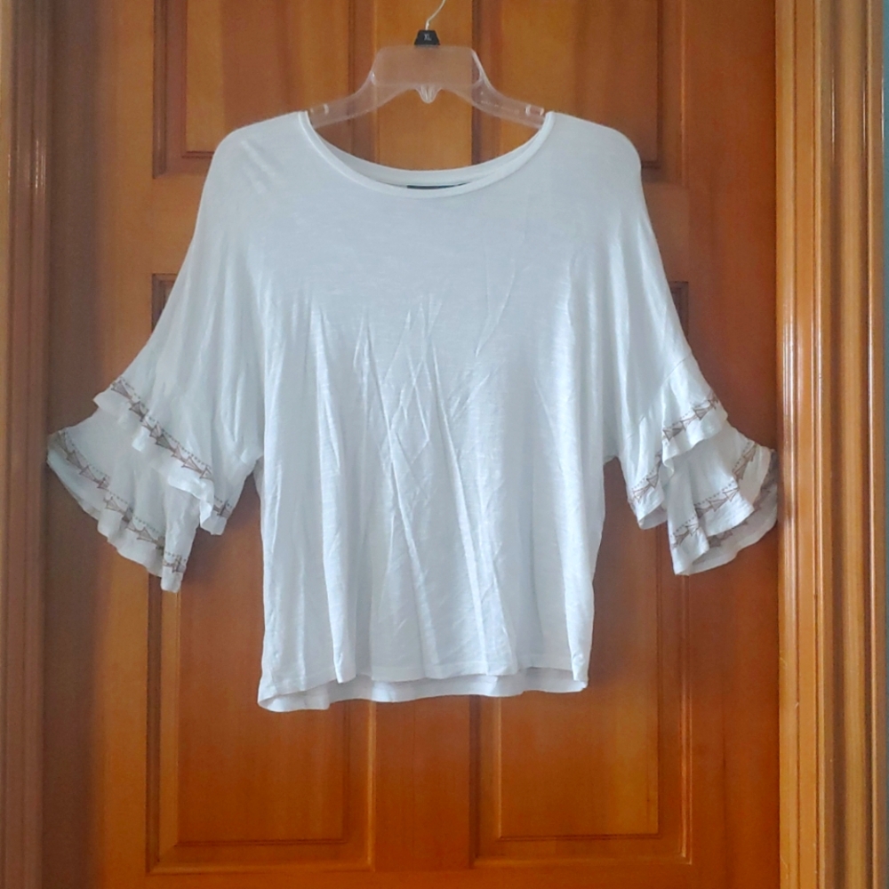 Apt 9 Women's White Embroidered Ruffle Sleeve Boho Top Size Small